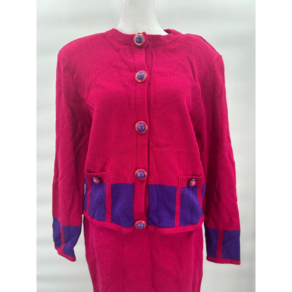 VTG Adrianna Papell Wool Blend Cardigan Skirt Set Vintage Size 12 Geometric 80s - Picture 4 of 7